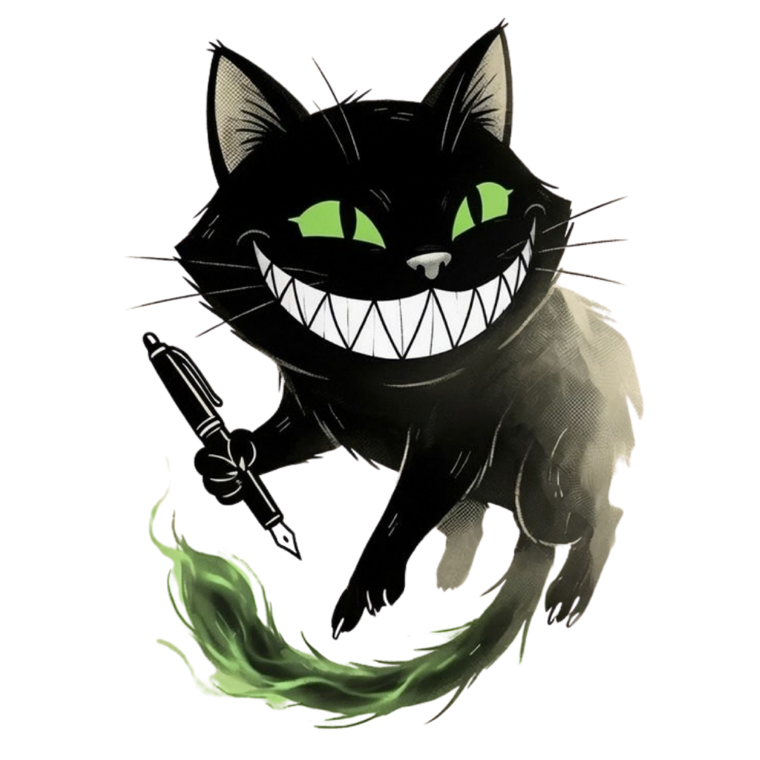 PitchPop's black cat mascot, grinning, holding a fountain pen.